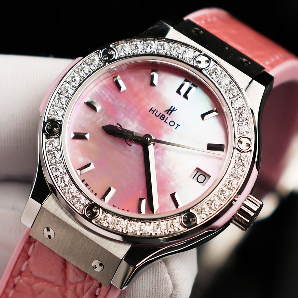 Hublot Classic Fusion Watch Dial Mother Of Pearl Pink + Moissanite Diamonds 33mm