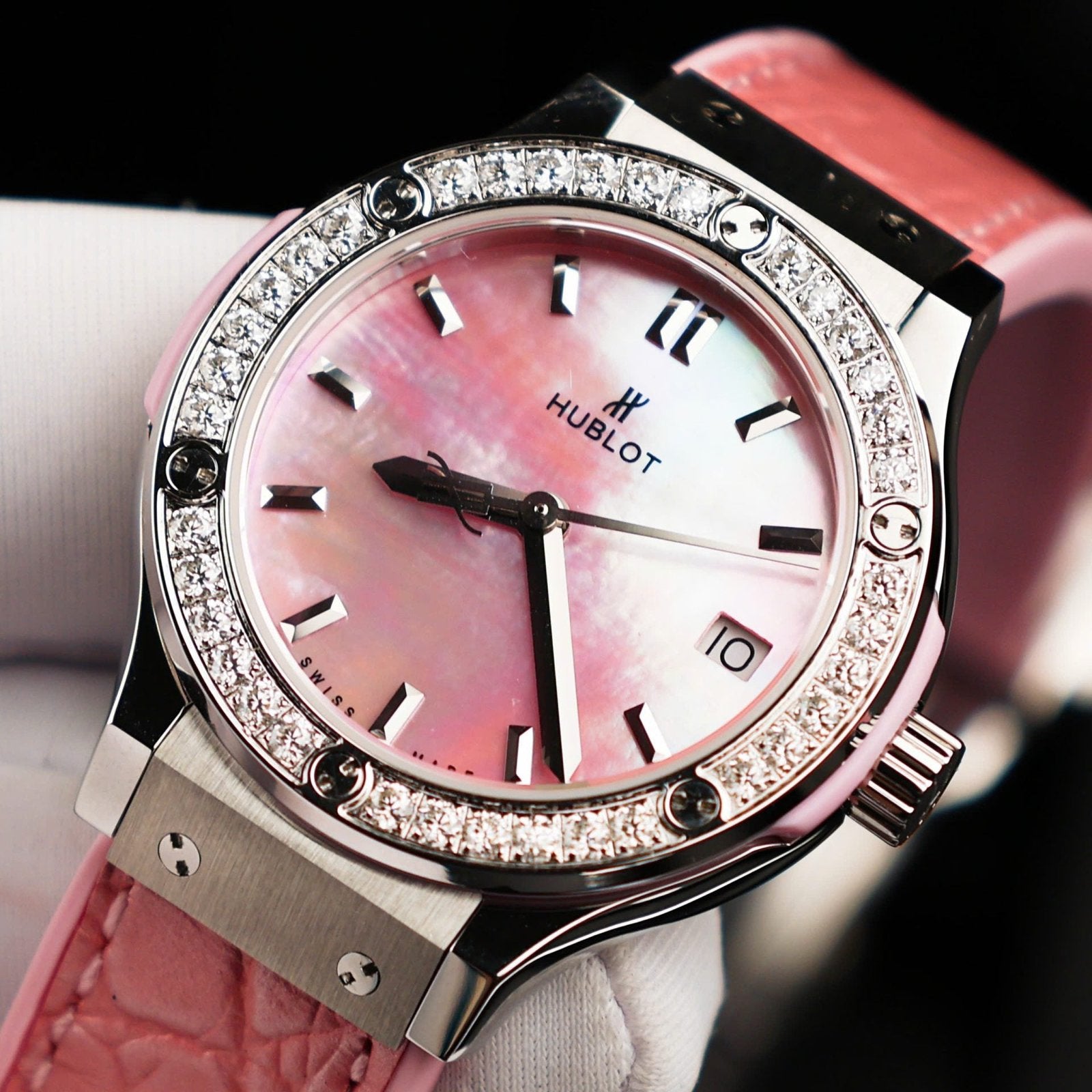 Hublot Classic Fusion Watch Dial Mother Of Pearl Pink + Moissanite Diamonds 33mm