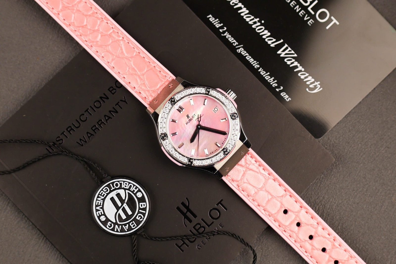 Hublot Classic Fusion Watch Dial Mother Of Pearl Pink + Moissanite Diamonds 33mm