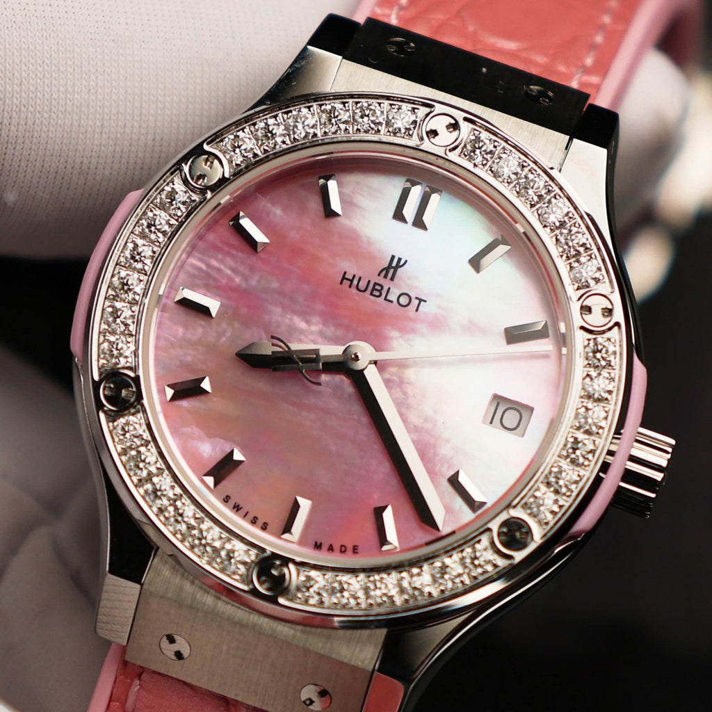 Hublot Classic Fusion Watch Dial Mother Of Pearl Pink + Moissanite Diamonds 33mm