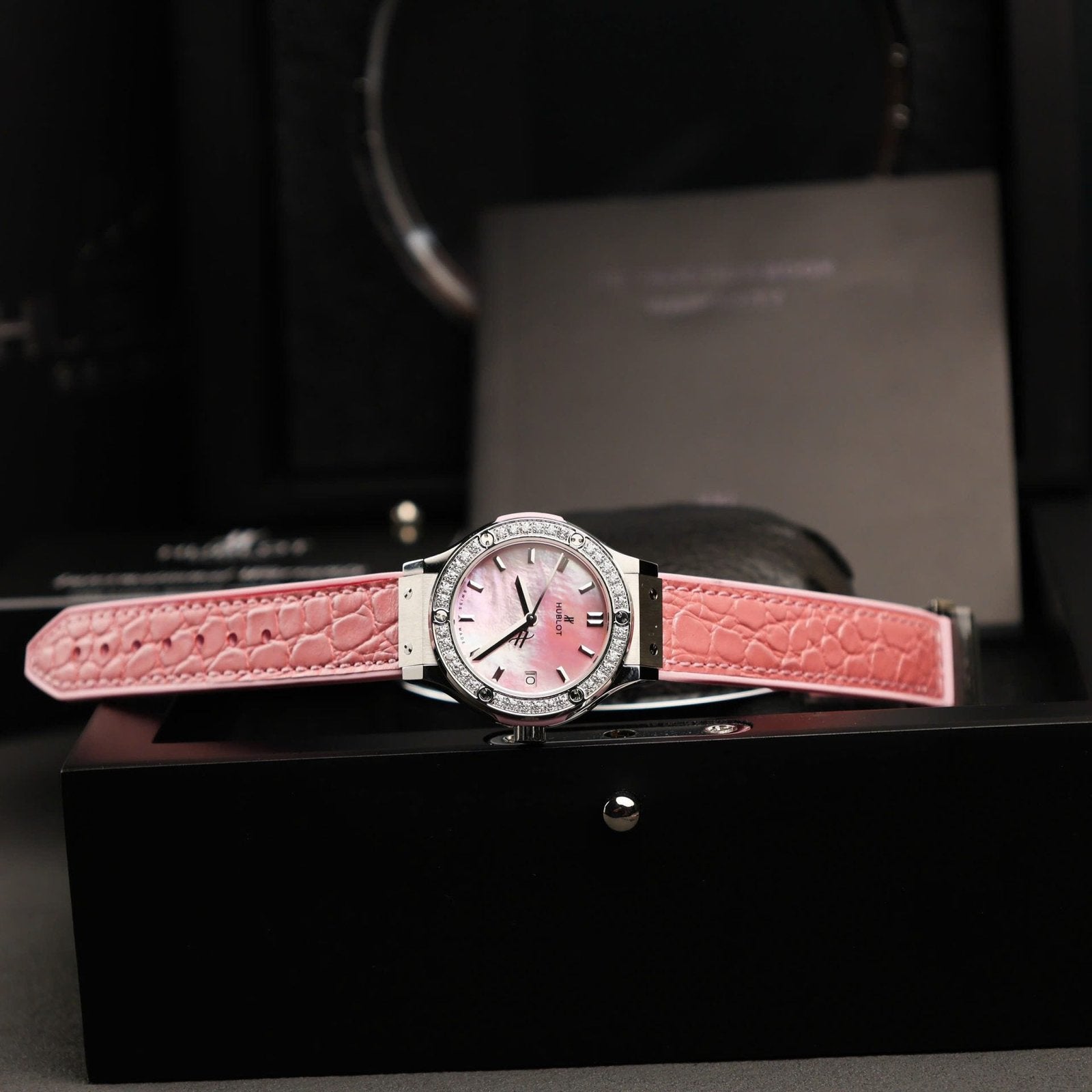 Hublot Classic Fusion Watch Dial Mother Of Pearl Pink + Moissanite Diamonds 33mm