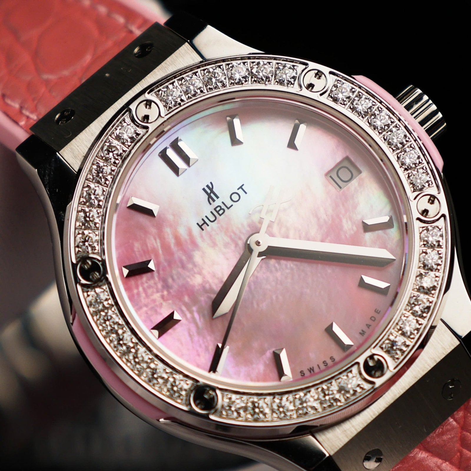 Hublot Classic Fusion Watch Dial Mother Of Pearl Pink + Moissanite Diamonds 33mm