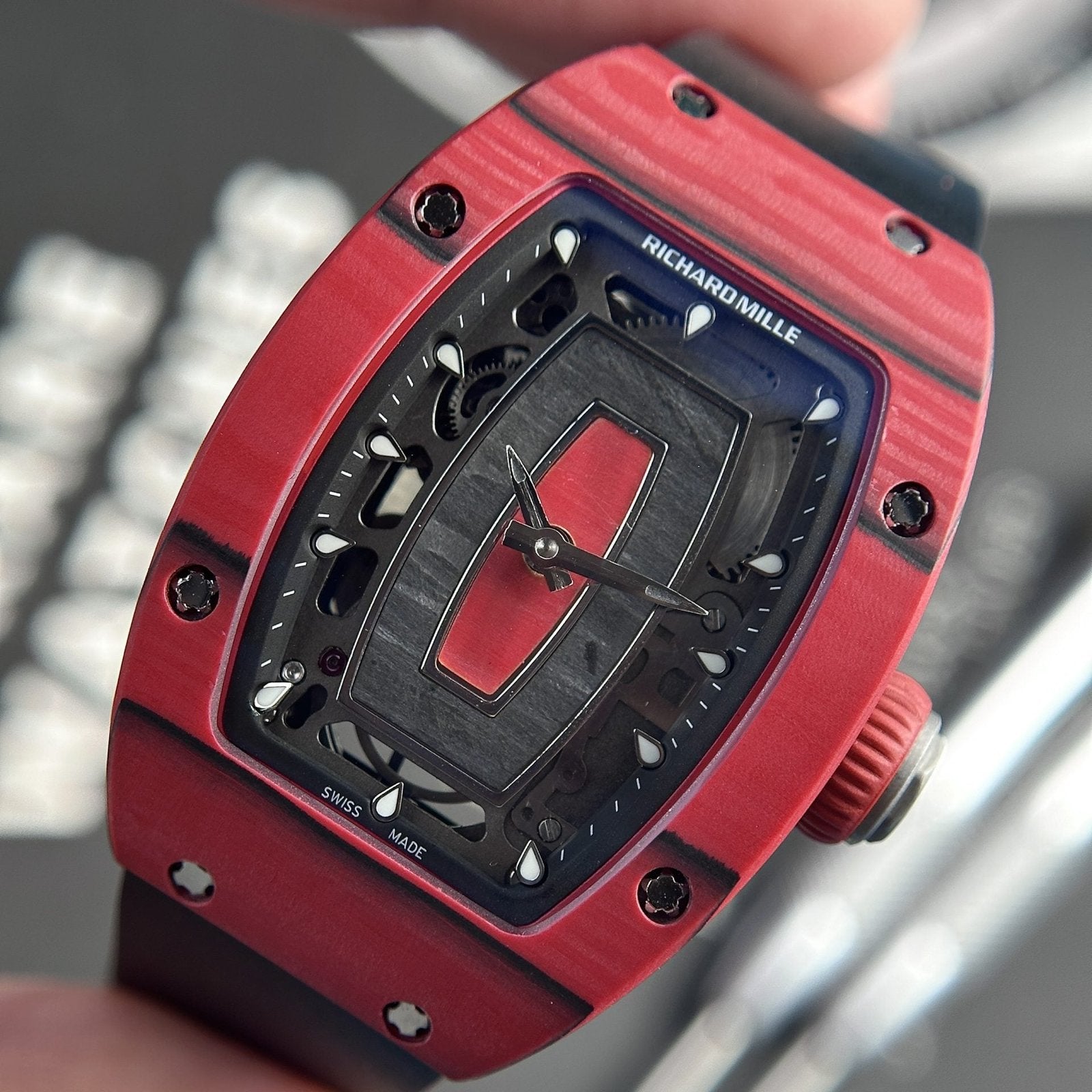 Richard Mille Watch RM07-01 Red Carbon Rubber Strap 32x46mm