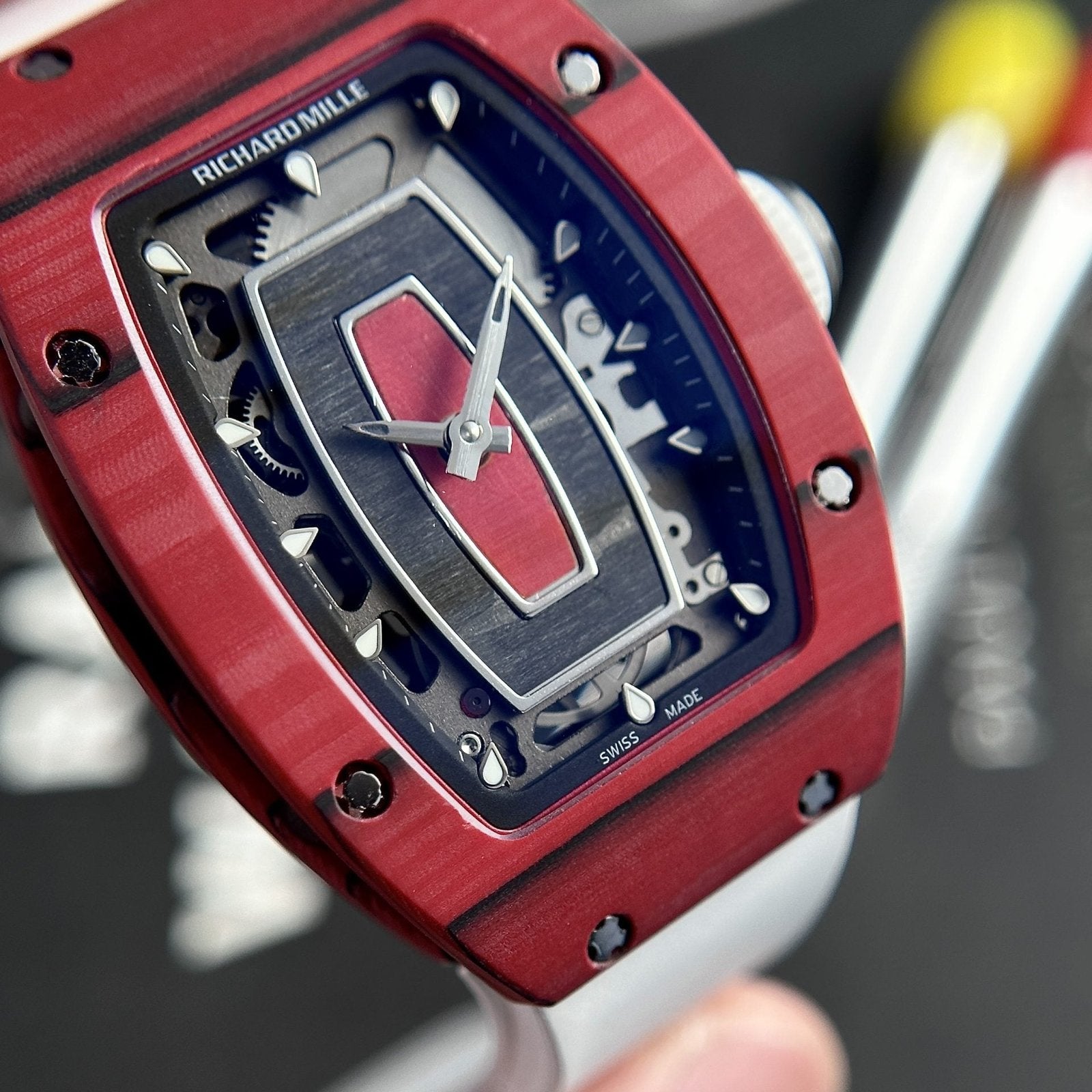 Richard Mille Watch RM07-01 Red Carbon Rubber Strap 32x46mm