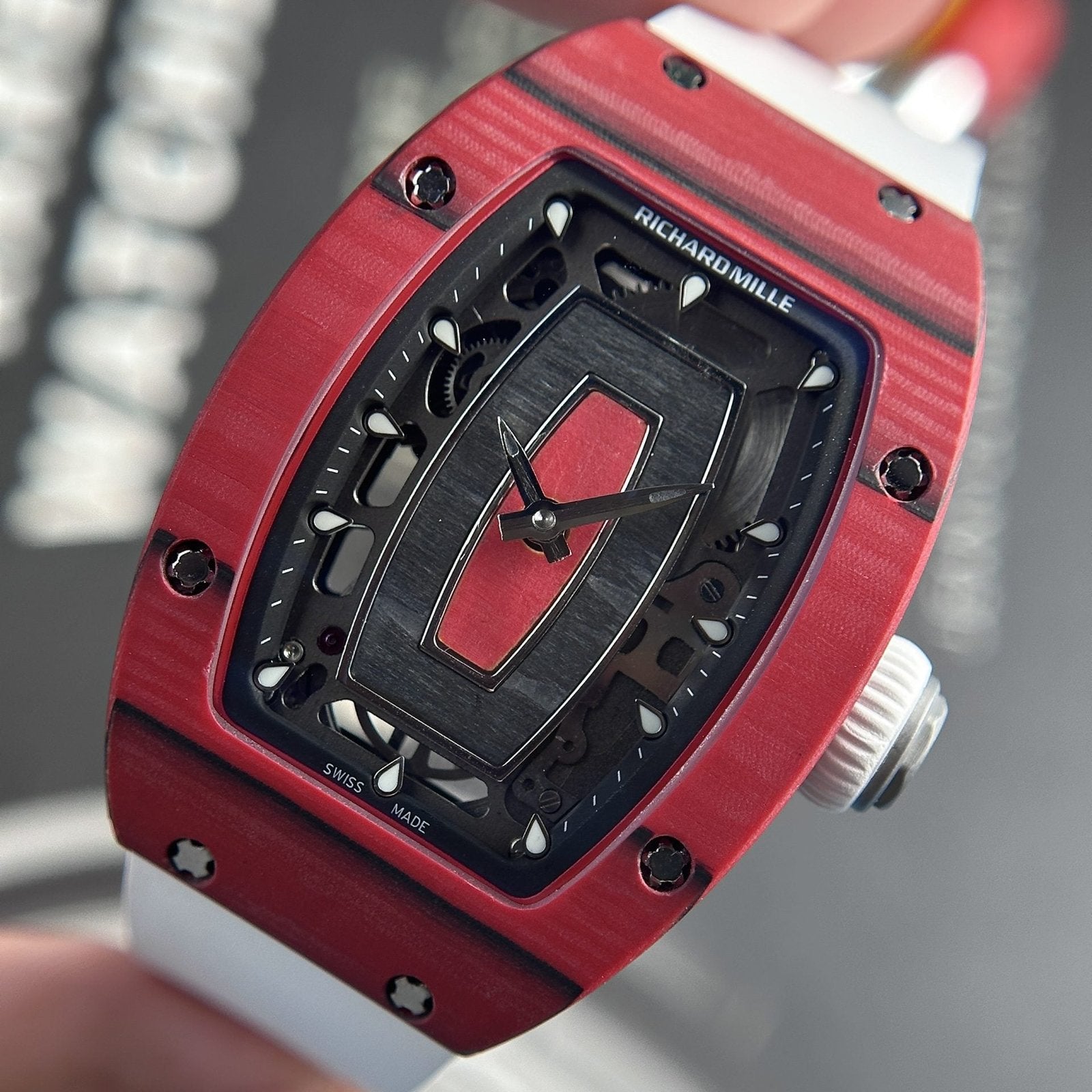 Richard Mille Watch RM07-01 Red Carbon Rubber Strap 32x46mm