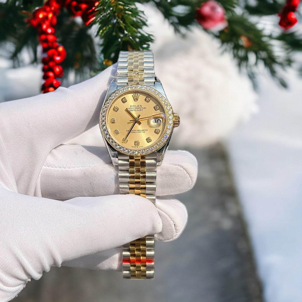 Rolex DateJust Watch With Moissanite Diamonds Yellow Dial 31mm