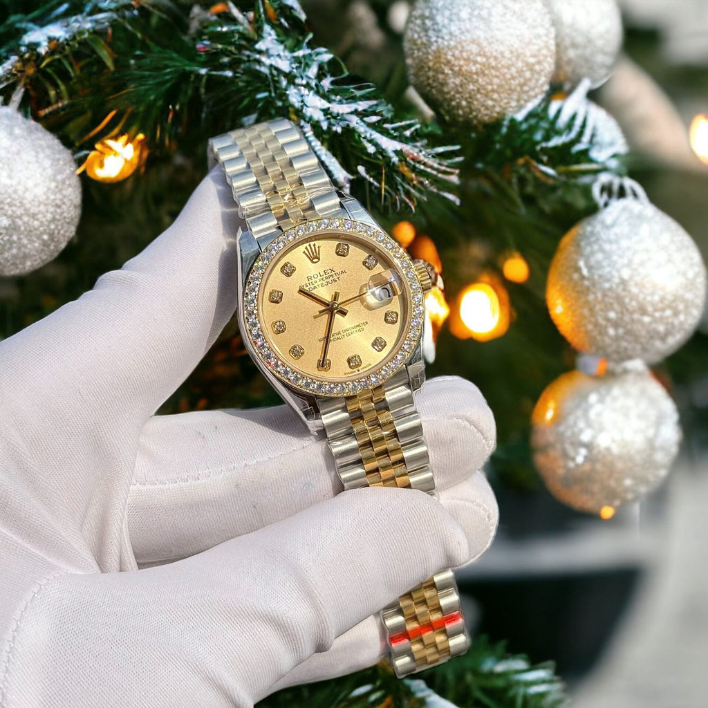 Rolex DateJust Watch With Moissanite Diamonds Yellow Dial 31mm