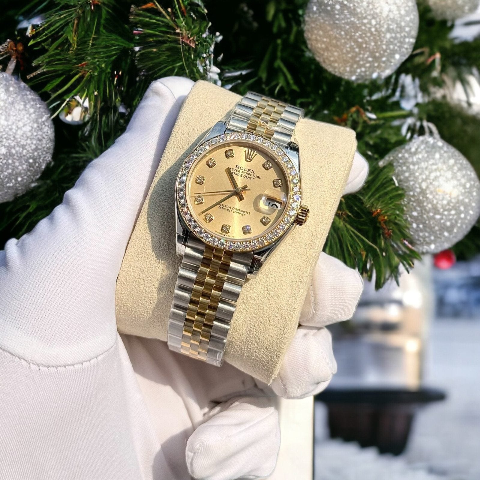 Rolex DateJust Watch With Moissanite Diamonds Yellow Dial 31mm