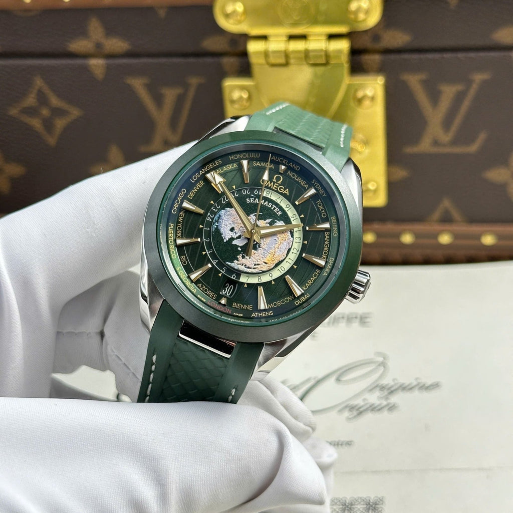 Omega Aqua Terra Worldtimer Watch Green Dial Rubber Strap 43mm