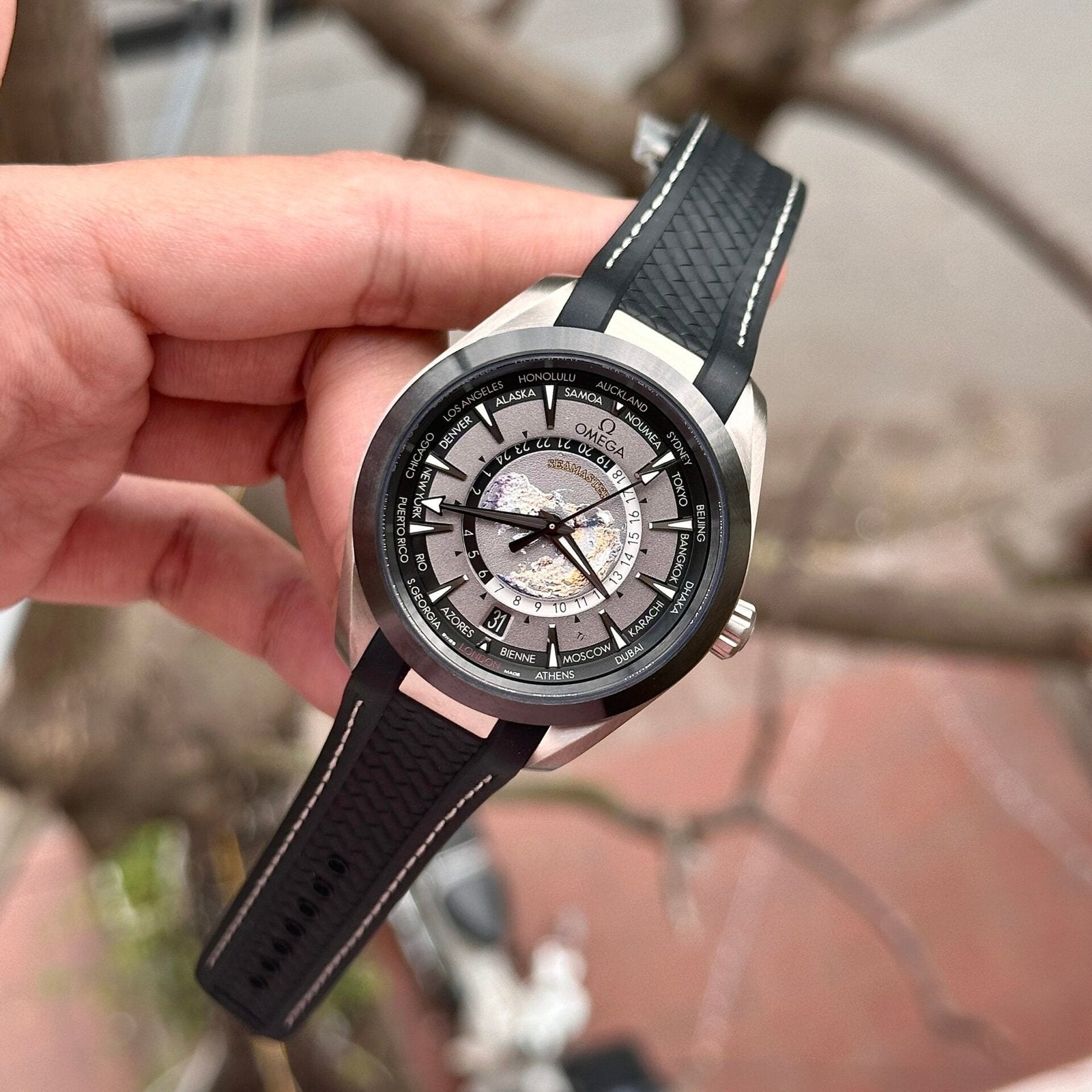 Omega Watch Aqua Terra Worldtimer Gray Dial Rubber Strap 43mm