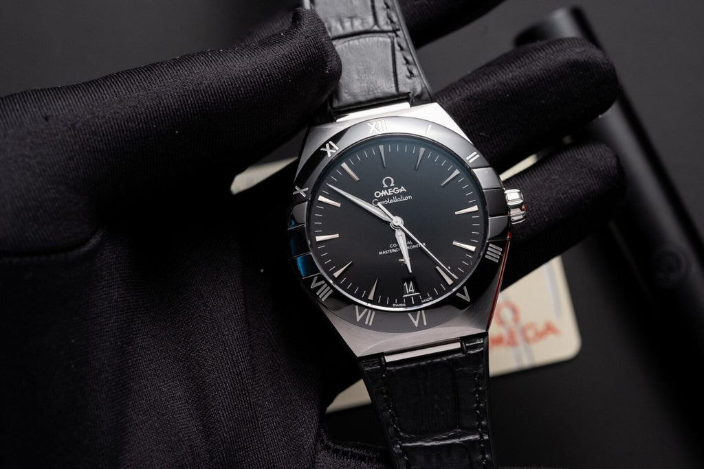Omega Constellation Watch Black Dial Leather Strap 42mm