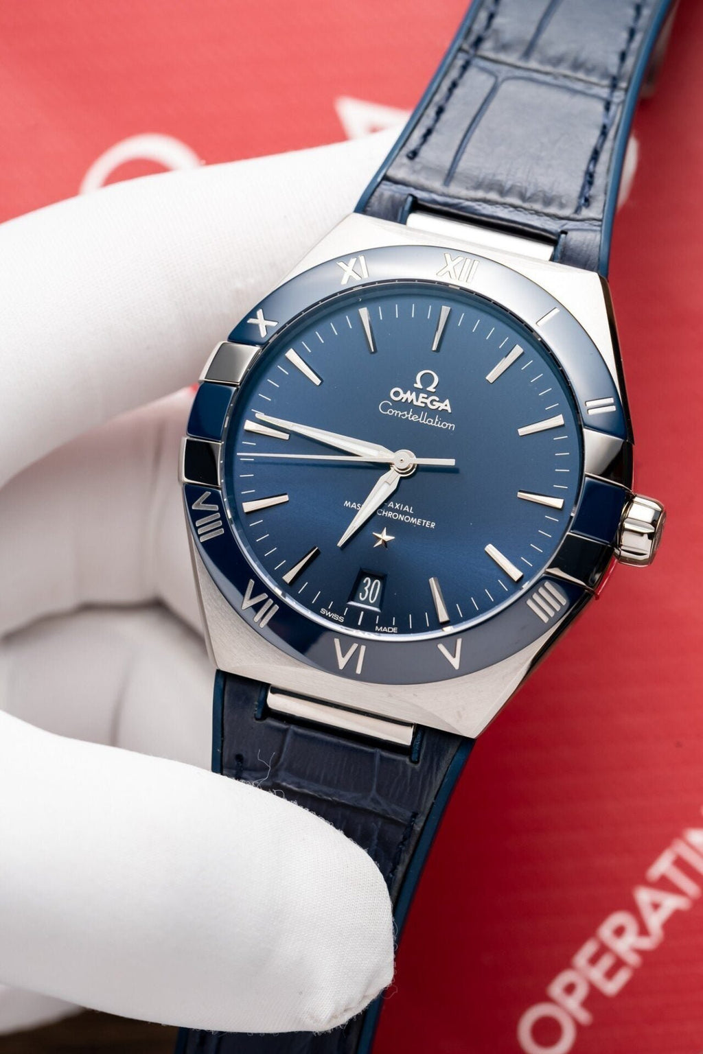Omega Constellation Watch Blue Dial Leather Strap 41mm