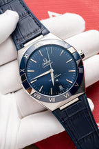 Omega Constellation Watch Blue Dial Leather Strap 41mm