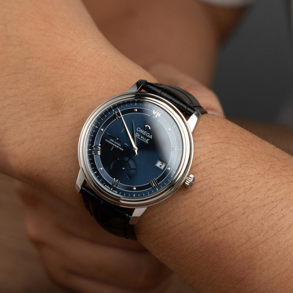 Omega De Ville Prestige Power Reserve Watch Dial Blue Leather Strap 39.5mm