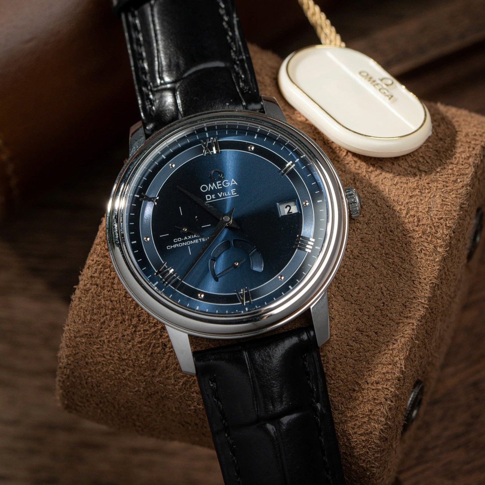 Omega De Ville Prestige Power Reserve Watch Dial Blue Leather Strap 39.5mm