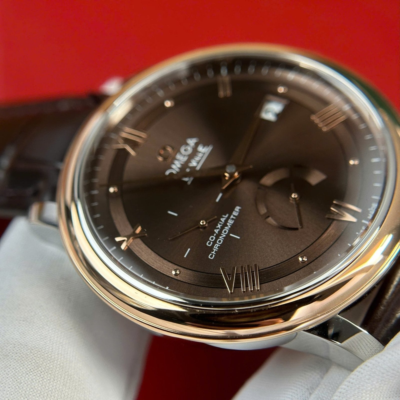 Omega De Ville Prestige Power Reserve Watch Dial Chocolate Leather Strap 39.5mm