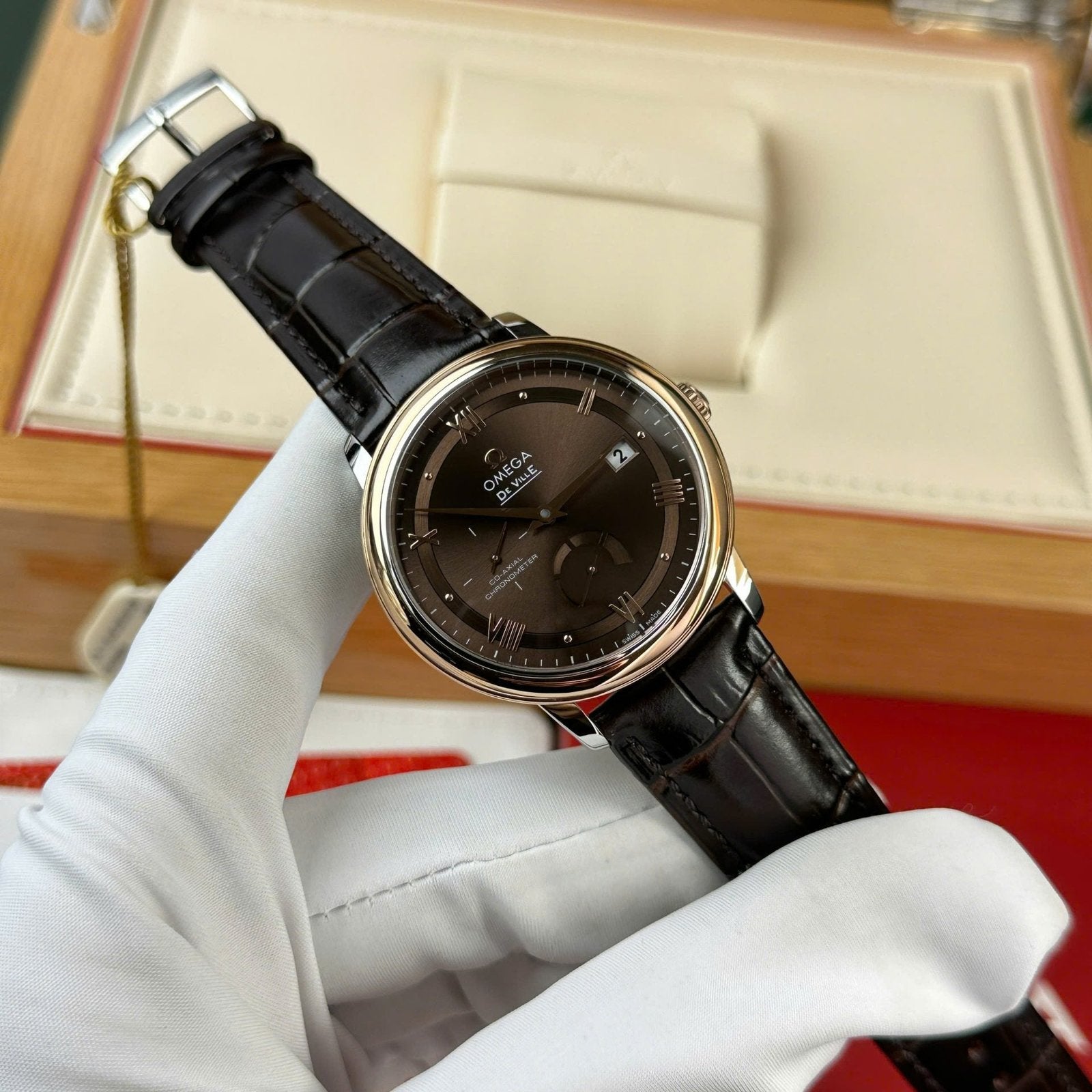 Omega De Ville Prestige Power Reserve Watch Dial Chocolate Leather Strap 39.5mm