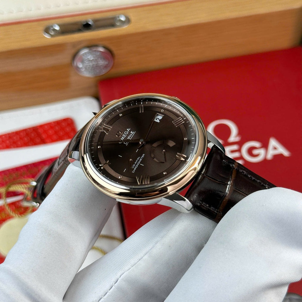 Omega De Ville Prestige Power Reserve Watch Dial Chocolate Leather Strap 39.5mm