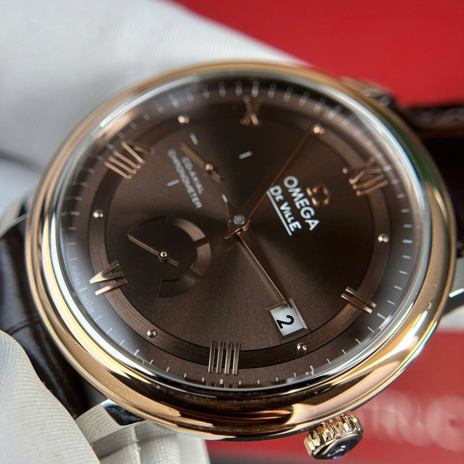 Omega De Ville Prestige Power Reserve Watch Dial Chocolate Leather Strap 39.5mm