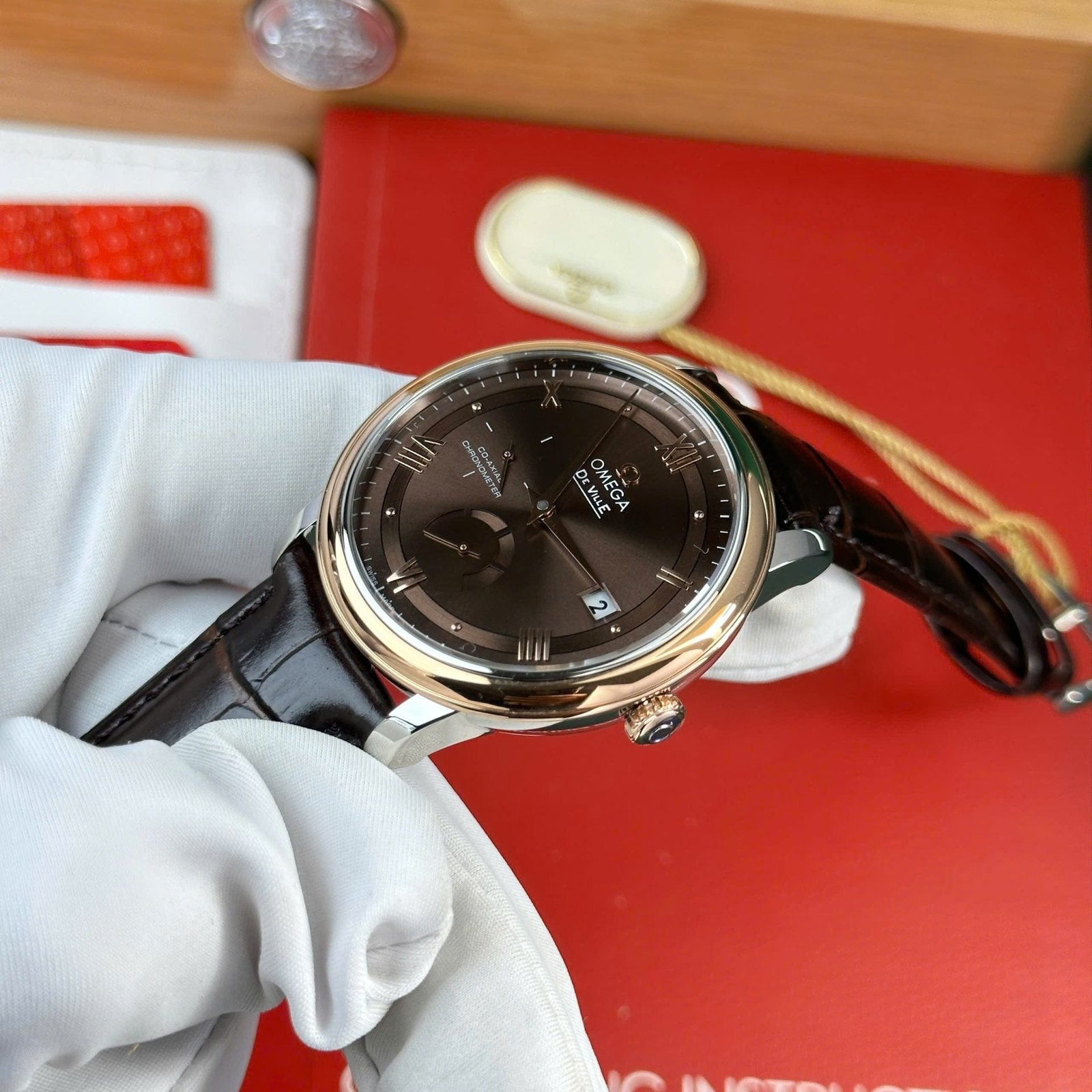 Omega De Ville Prestige Power Reserve Watch Dial Chocolate Leather Strap 39.5mm