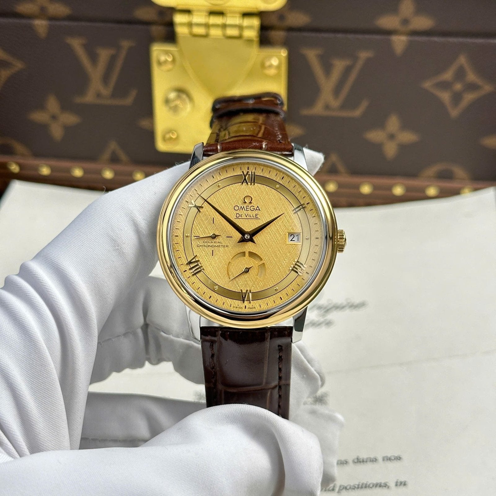 Omega De Ville Prestige Power Reserve Watch Yellow Dial Leather Strap 39.5mm