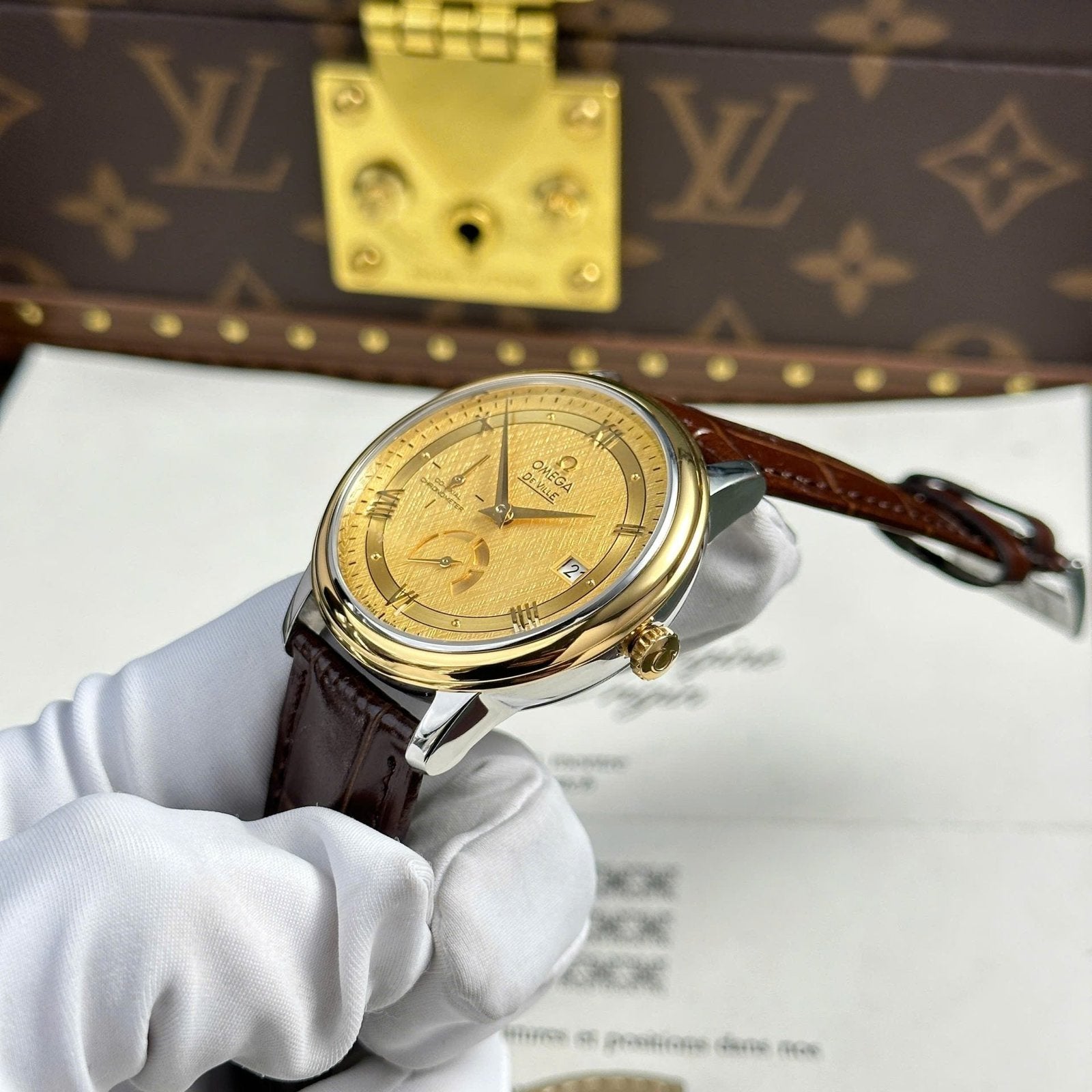 Omega De Ville Prestige Power Reserve Watch Yellow Dial Leather Strap 39.5mm