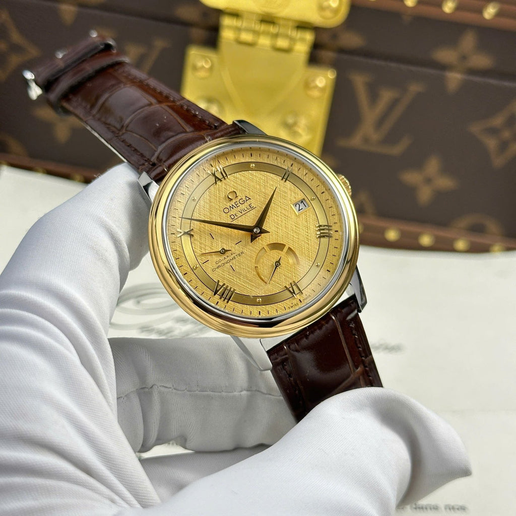 Omega De Ville Prestige Power Reserve Watch Yellow Dial Leather Strap 39.5mm