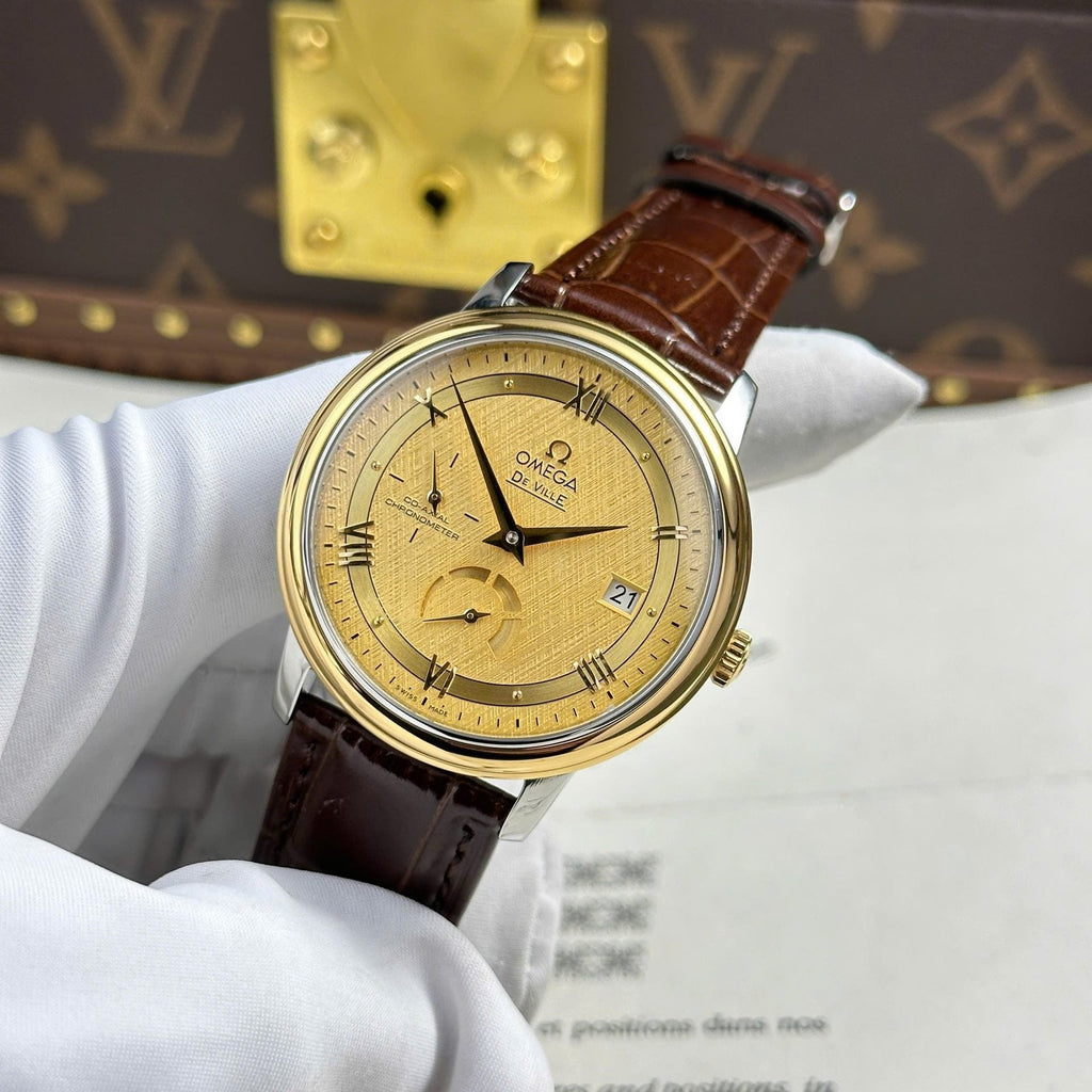 Omega De Ville Prestige Power Reserve Watch Yellow Dial Leather Strap 39.5mm