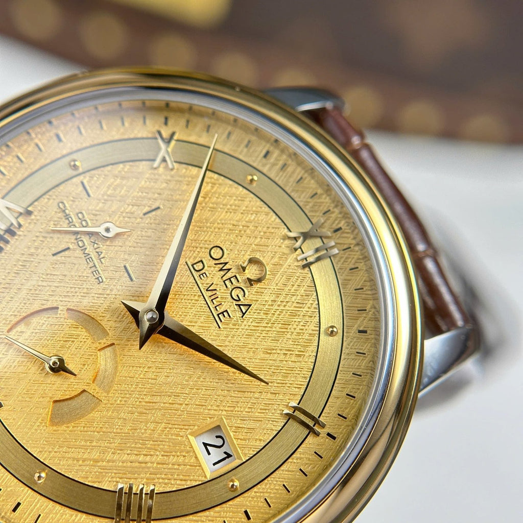Omega De Ville Prestige Power Reserve Watch Yellow Dial Leather Strap 39.5mm