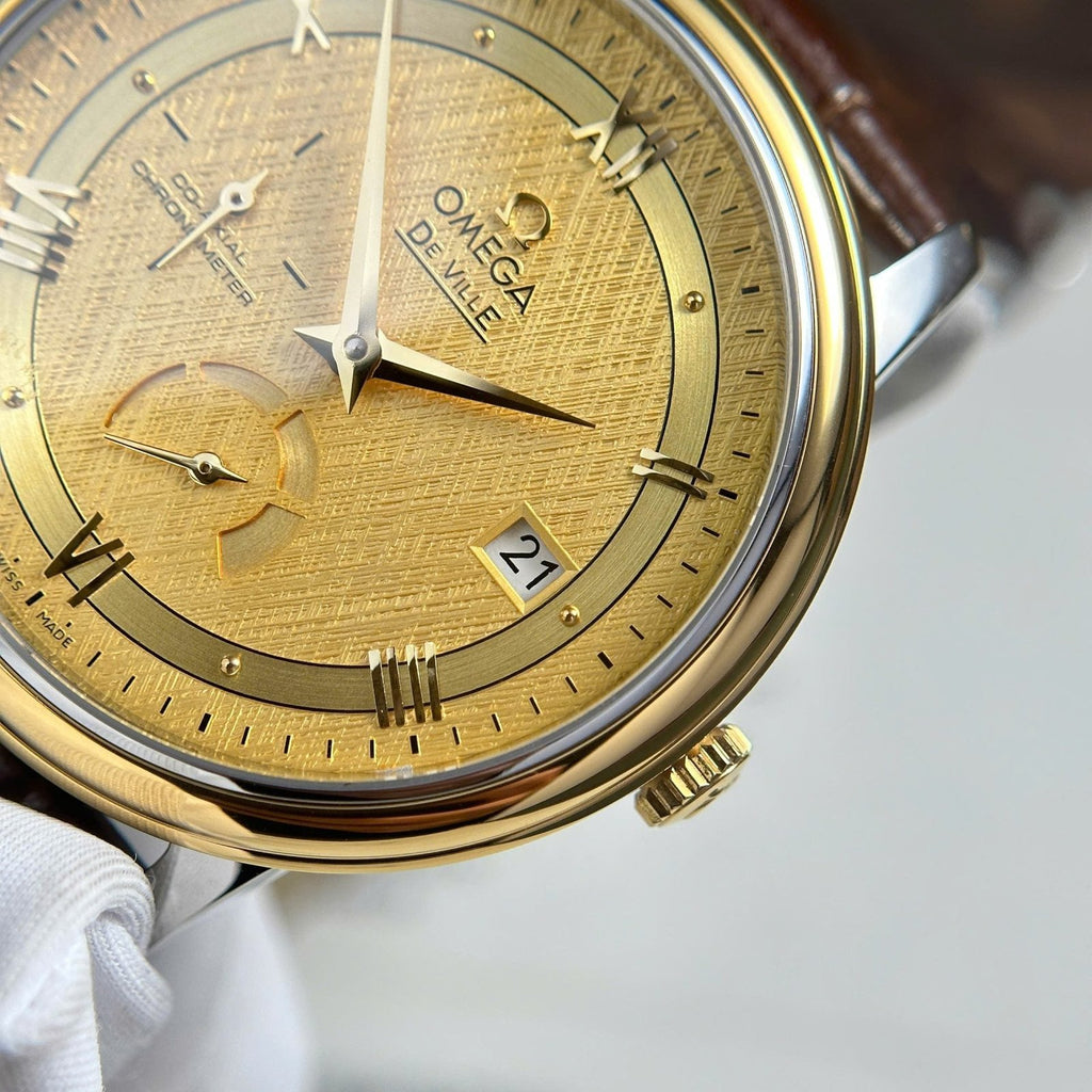 Omega De Ville Prestige Power Reserve Watch Yellow Dial Leather Strap 39.5mm