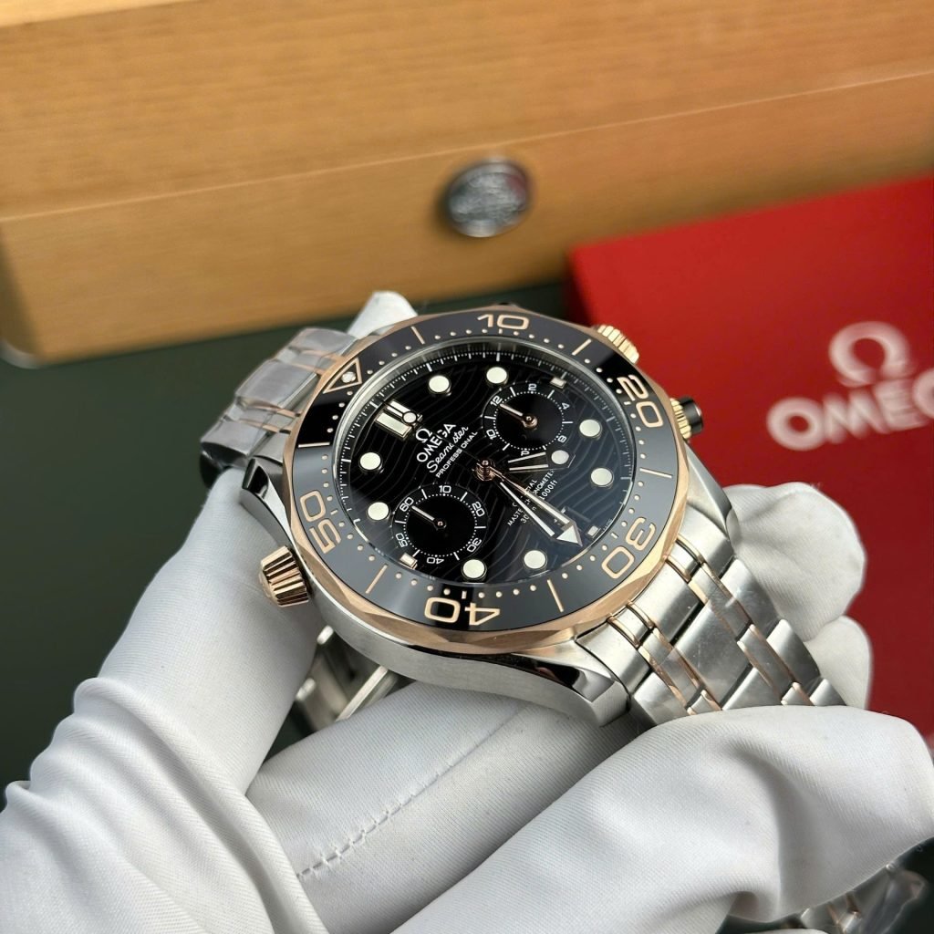 Omega Dial Black Watch Seamaster Diver 300M Chronograph Demi Rose Gold 44mm