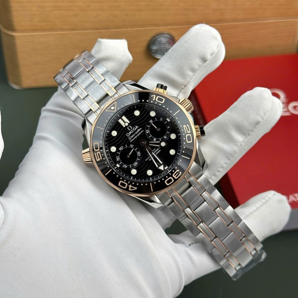 Omega Dial Black Watch Seamaster Diver 300M Chronograph Demi Rose Gold 44mm