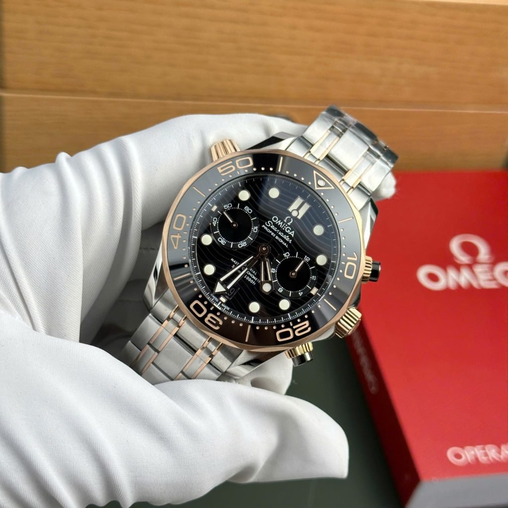 Omega Dial Black Watch Seamaster Diver 300M Chronograph Demi Rose Gold 44mm