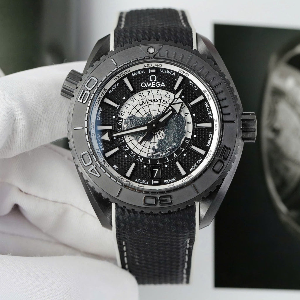 Omega Seamaster Planet Ocean Worldtimer Watch Black Ceramic 45.5mm