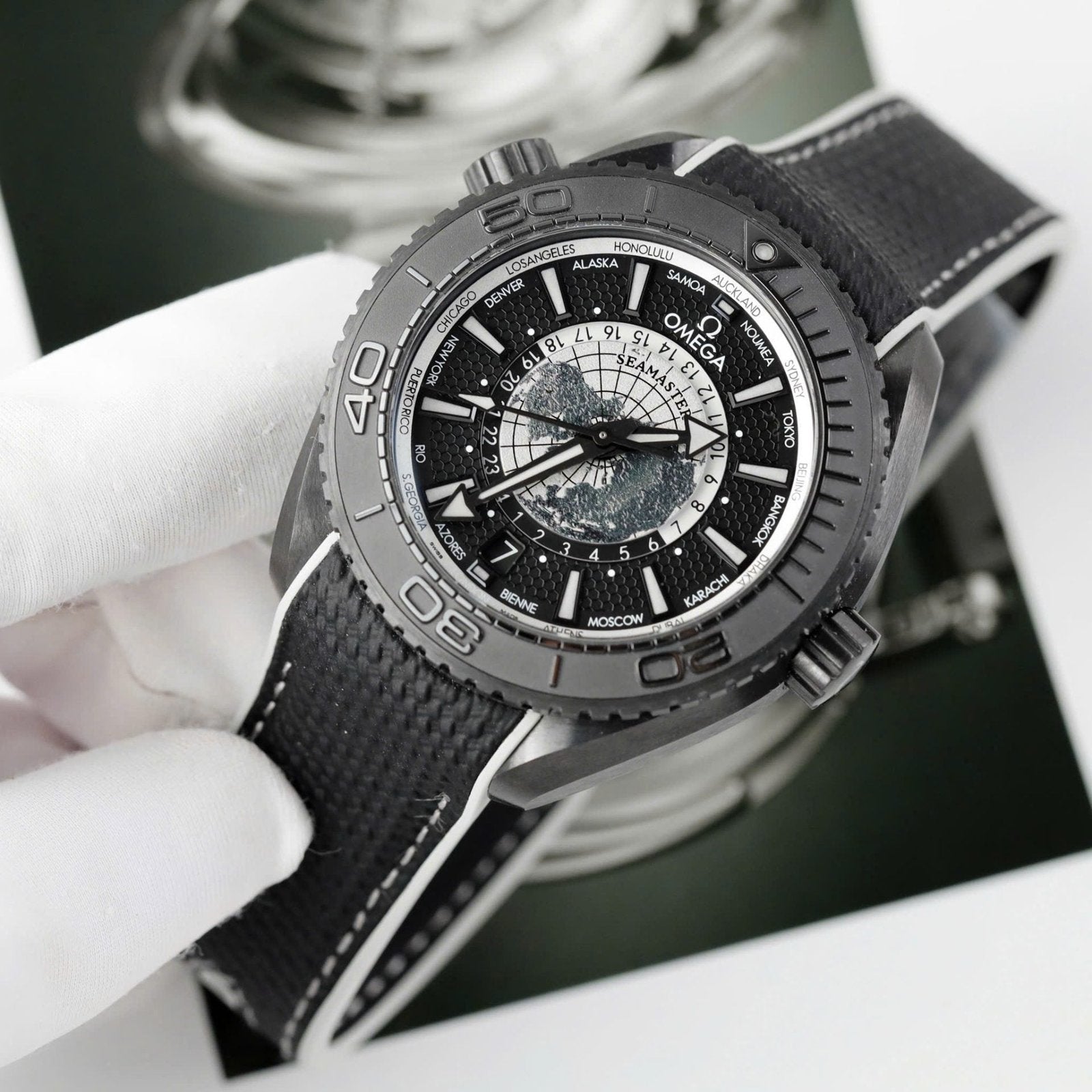 Omega Seamaster Planet Ocean Worldtimer Watch Black Ceramic 45.5mm