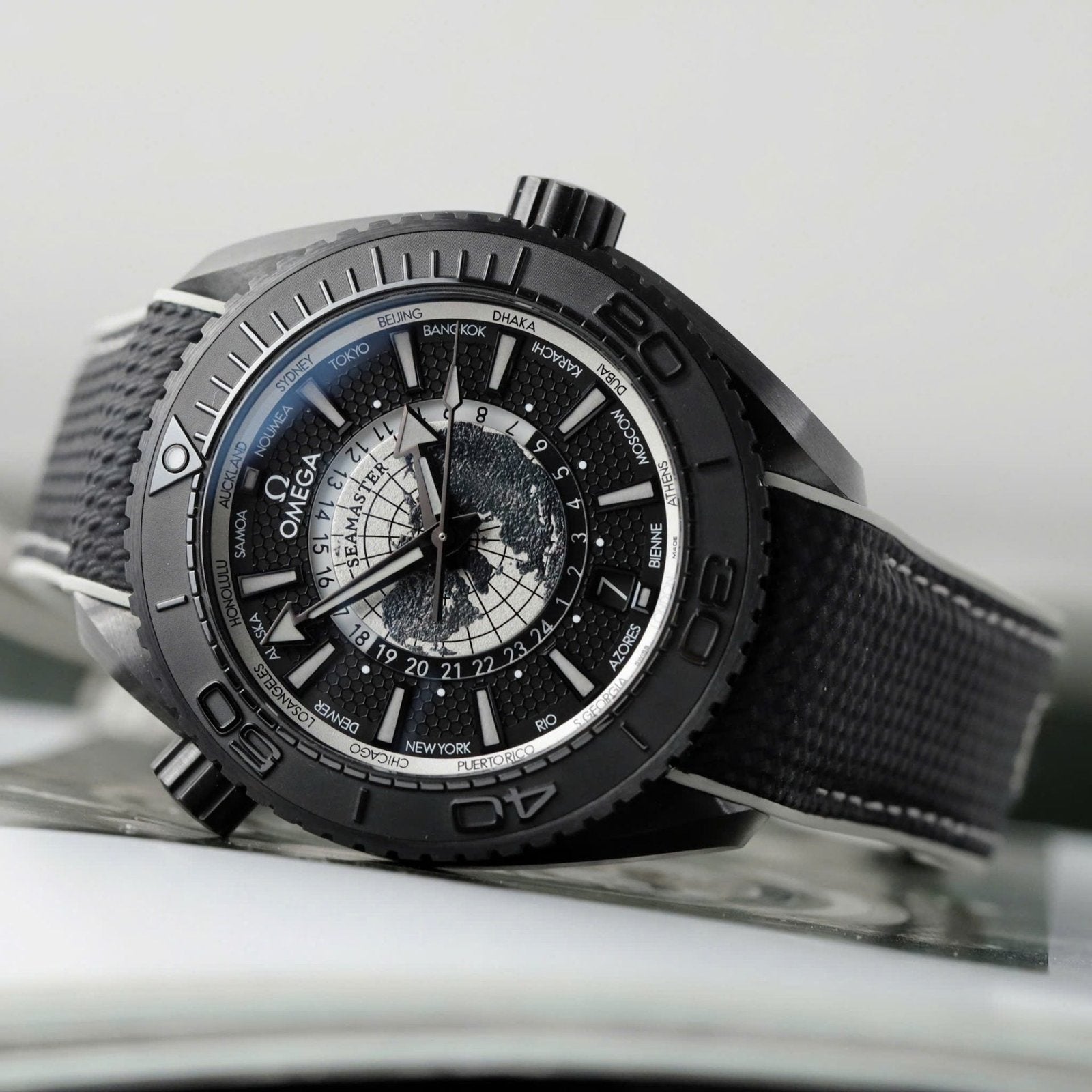Omega Seamaster Planet Ocean Worldtimer Watch Black Ceramic 45.5mm