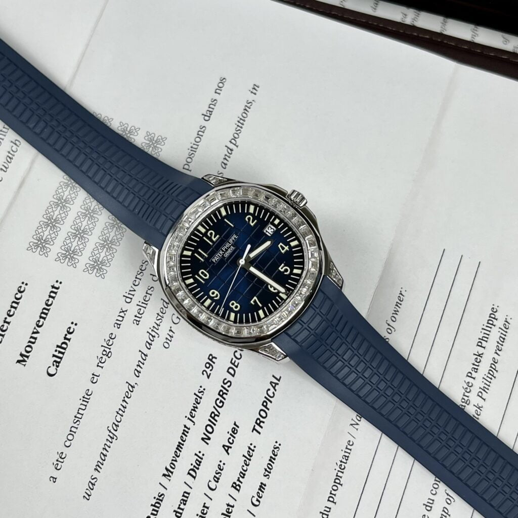 Patek Philippe Watch Aquanaut 5168G Moissanite Baguette Diamonds Blue Dial 42.2mm