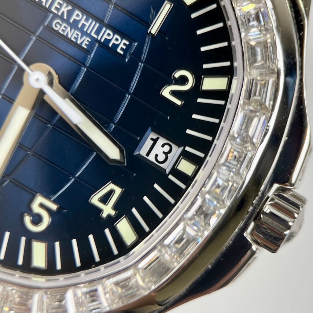 Patek Philippe Watch Aquanaut 5168G Moissanite Baguette Diamonds Blue Dial 42.2mm