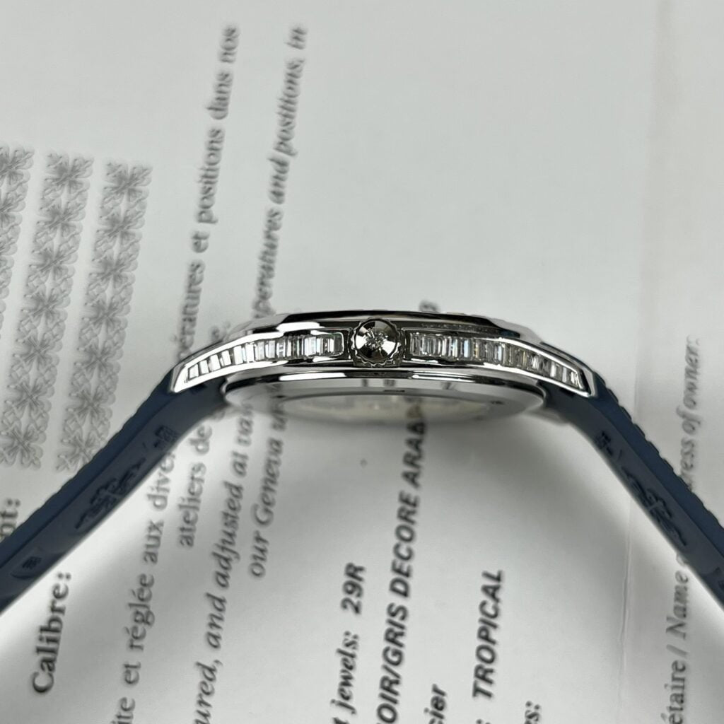 Patek Philippe Watch Aquanaut 5168G Moissanite Baguette Diamonds Blue Dial 42.2mm