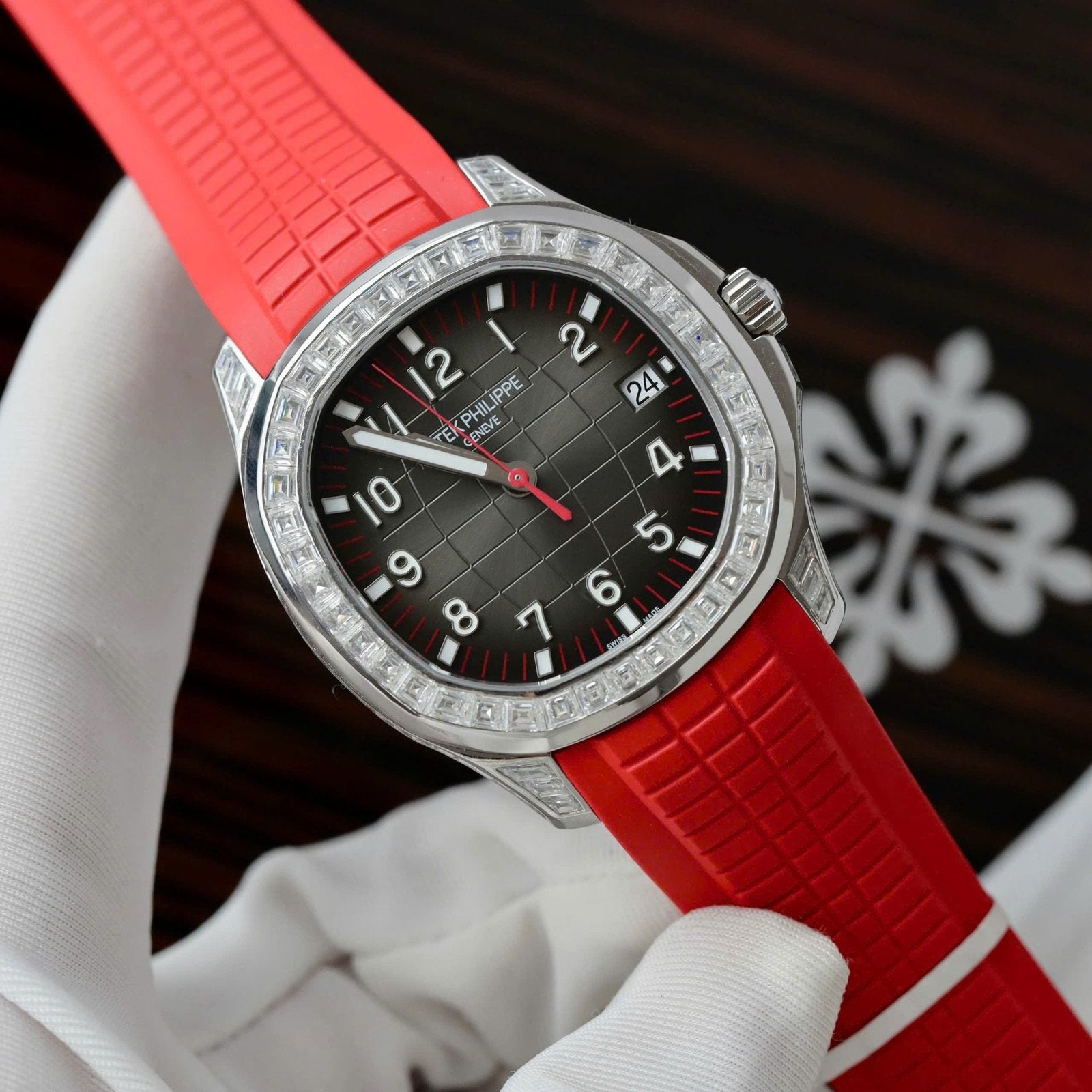 Patek Philippe Aquanaut 5167 Red Watch Moissanite Diamonds Baguette 40mm