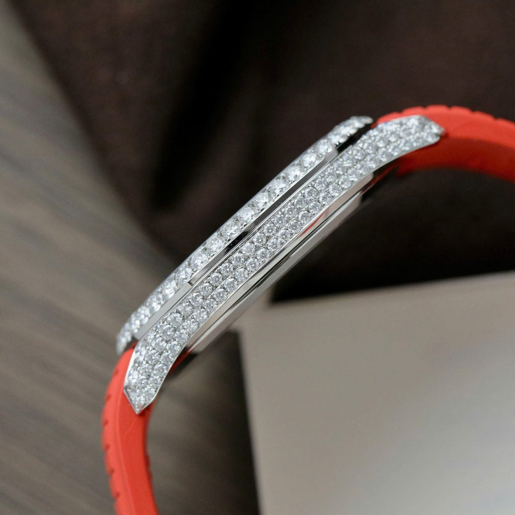 Patek Philippe Aquanaut 5167 Watch Moissanite Diamonds Red Rubber Strap 40mm