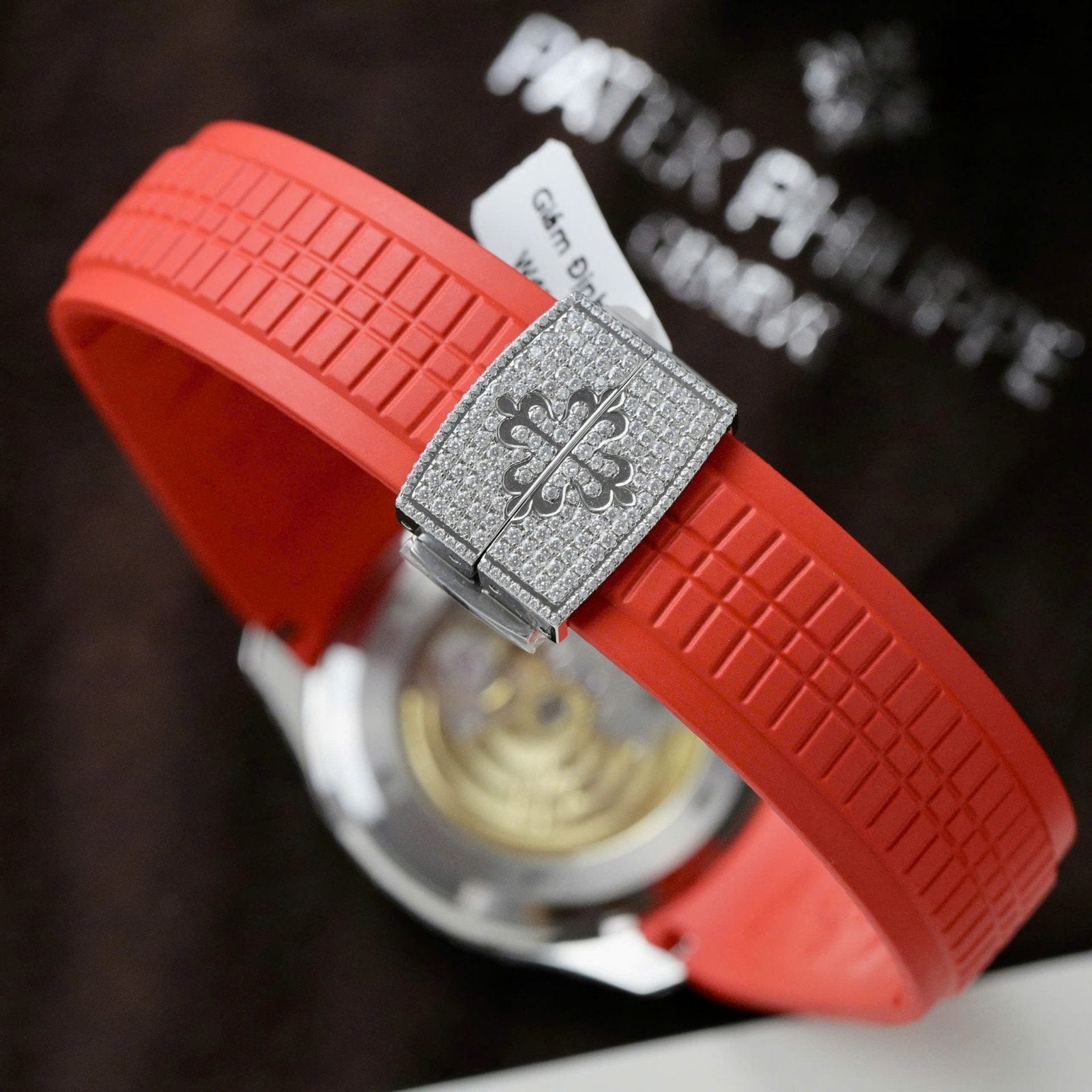 Patek Philippe Aquanaut 5167 Watch Moissanite Diamonds Red Rubber Strap 40mm