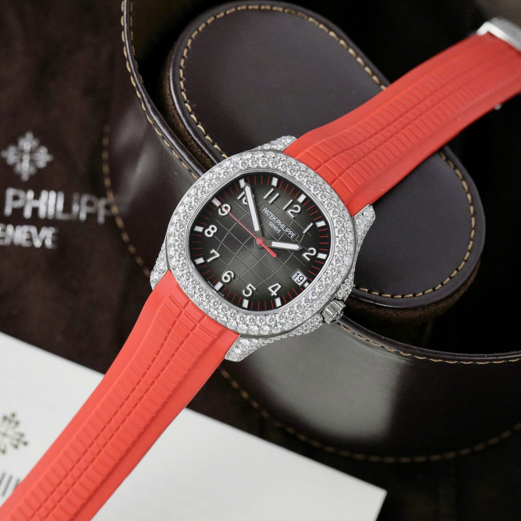 Patek Philippe Aquanaut 5167 Watch Moissanite Diamonds Red Rubber Strap 40mm