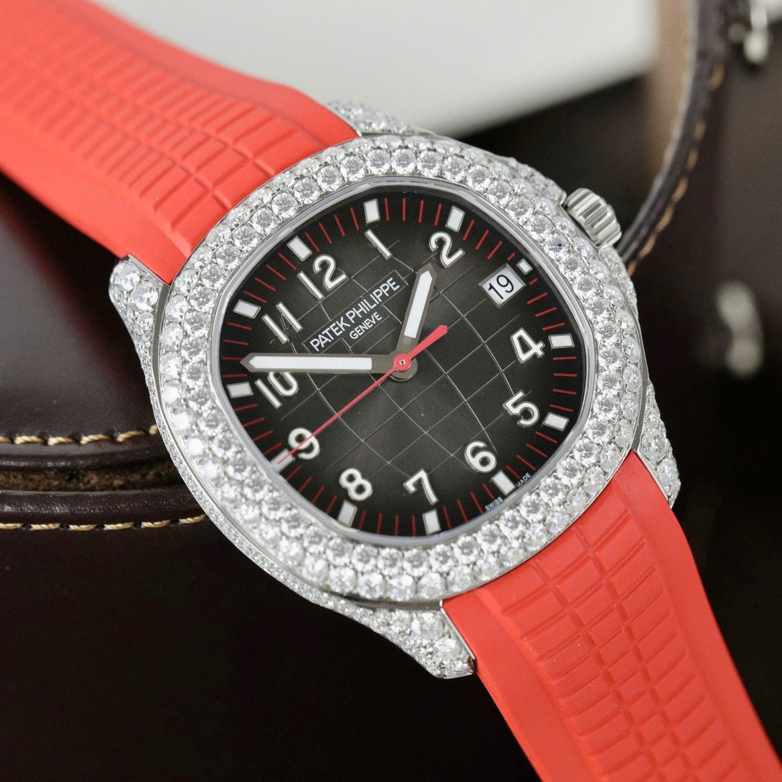 Patek Philippe Aquanaut 5167 Watch Moissanite Diamonds Red Rubber Strap 40mm