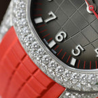 Patek Philippe Aquanaut 5167 Watch Moissanite Diamonds Red Rubber Strap 40mm