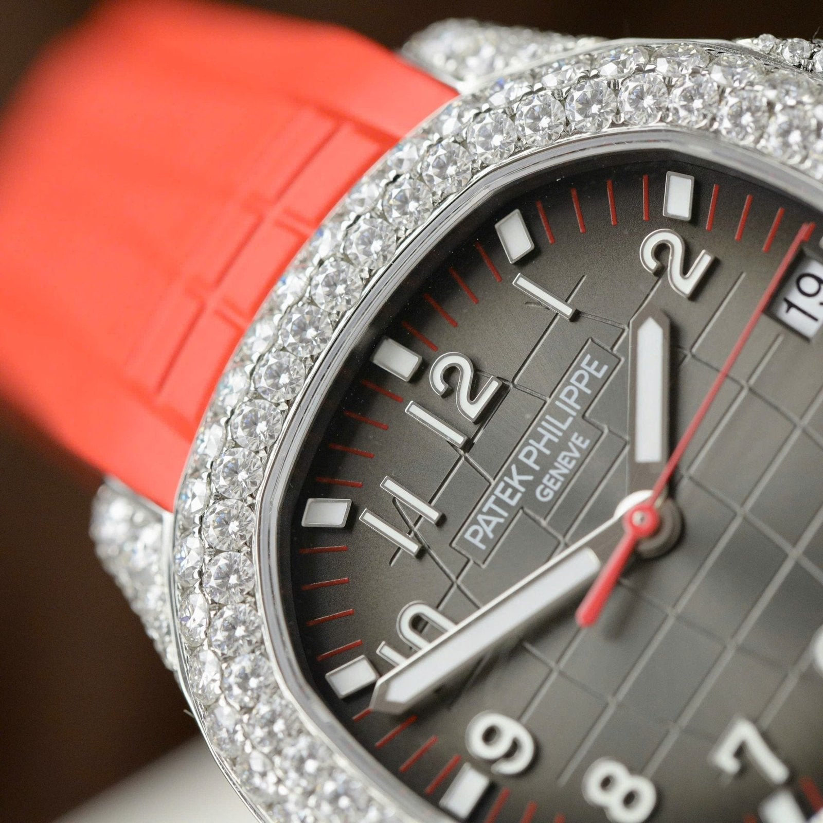 Patek Philippe Aquanaut 5167 Watch Moissanite Diamonds Red Rubber Strap 40mm