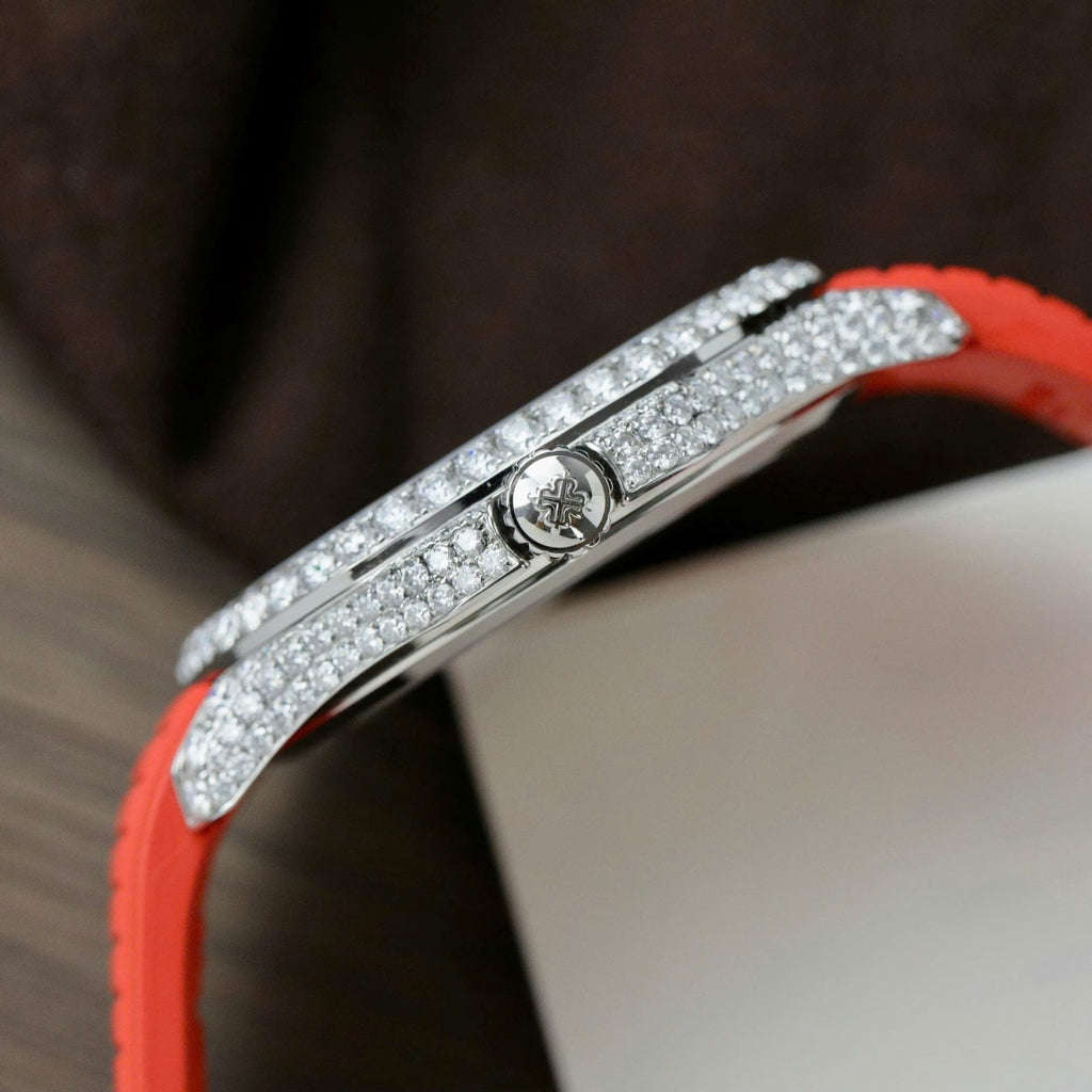 Patek Philippe Aquanaut 5167 Watch Moissanite Diamonds Red Rubber Strap 40mm