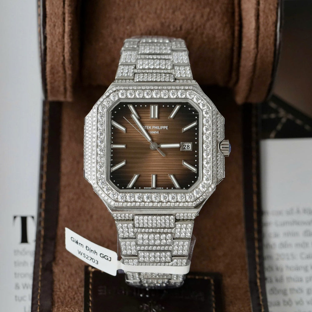 Patek Philippe Cubitus 5821 Dial Brown Watch Full Diamonds Moissanite 45mm
