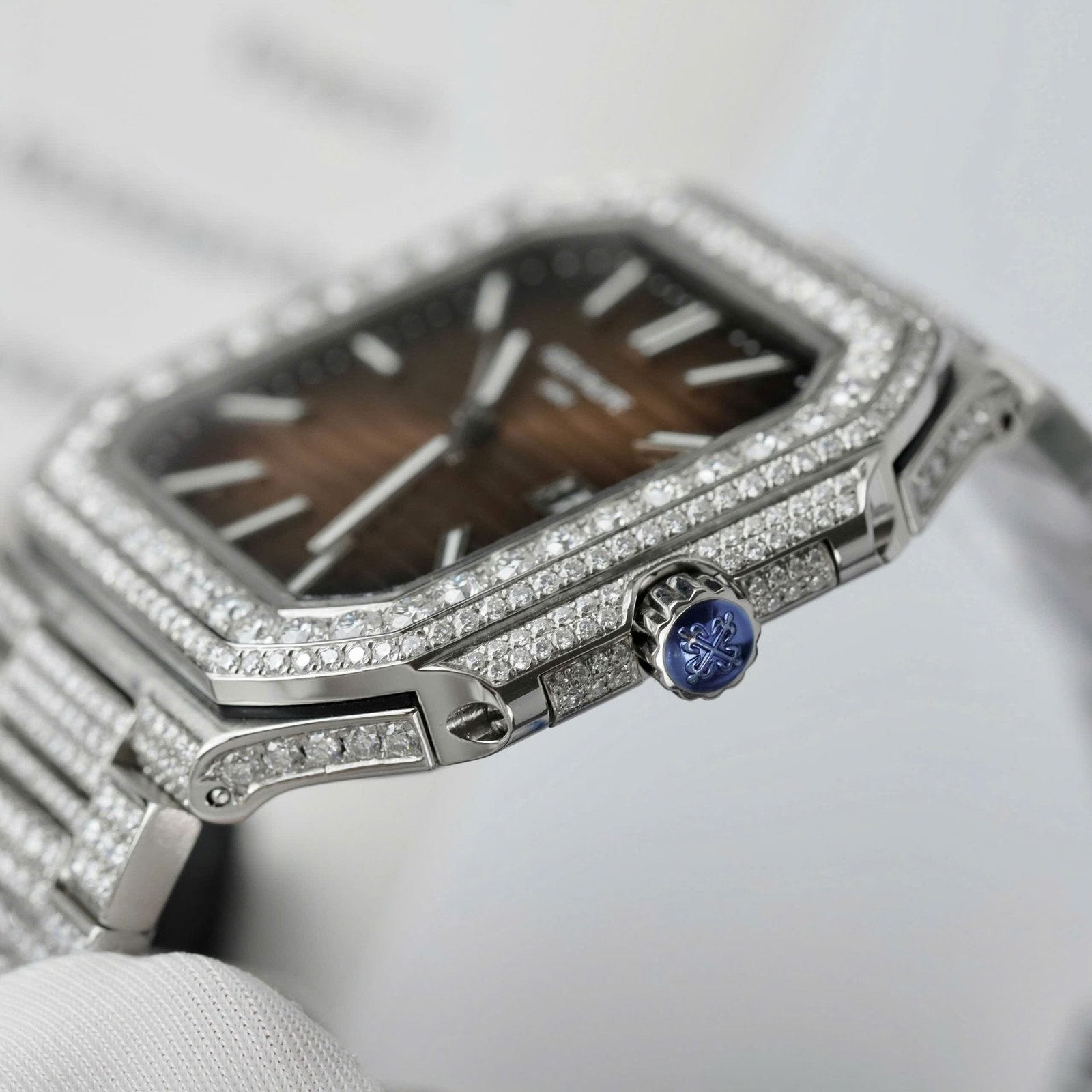 Patek Philippe Cubitus 5821 Dial Brown Watch Full Diamonds Moissanite 45mm
