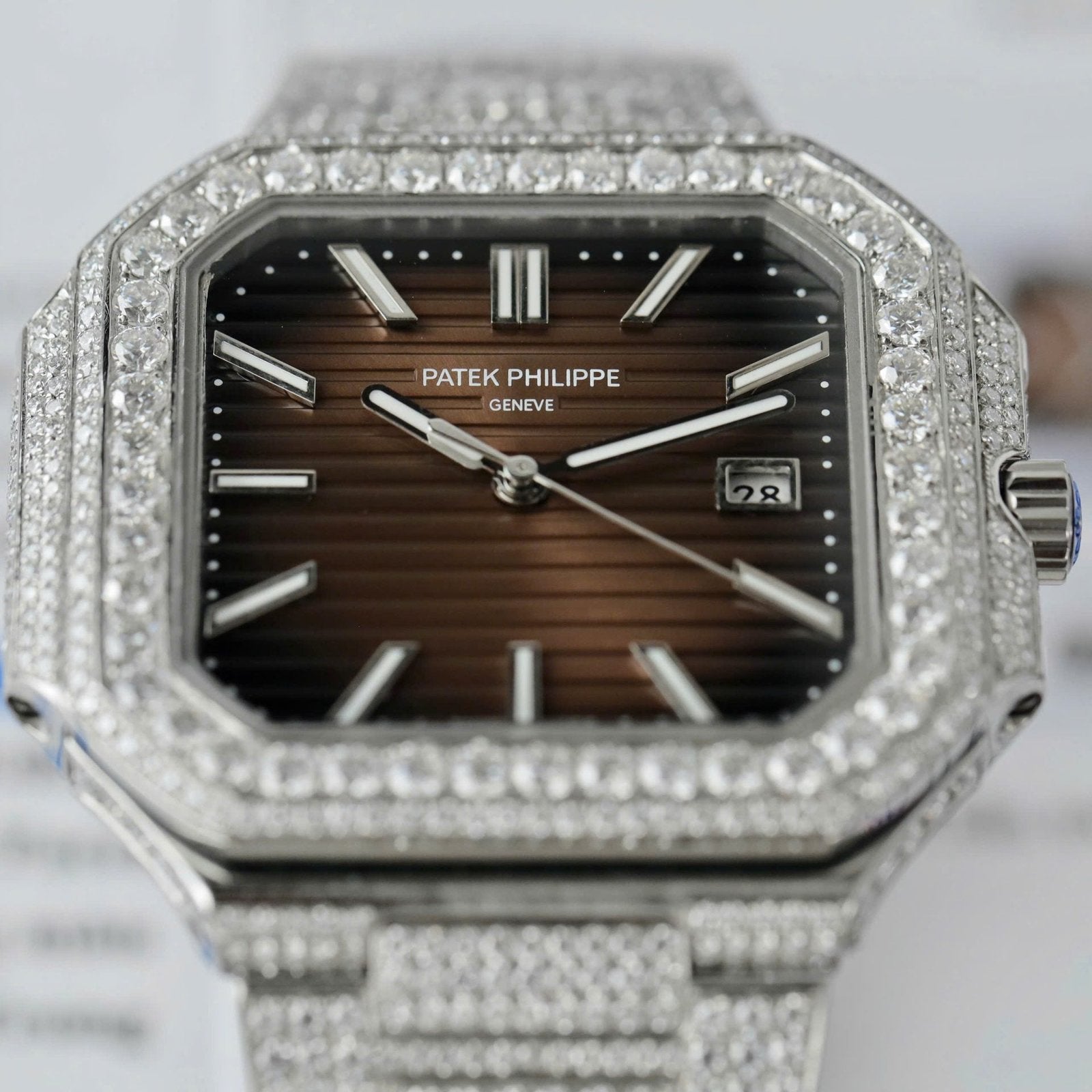 Patek Philippe Cubitus 5821 Dial Brown Watch Full Diamonds Moissanite 45mm
